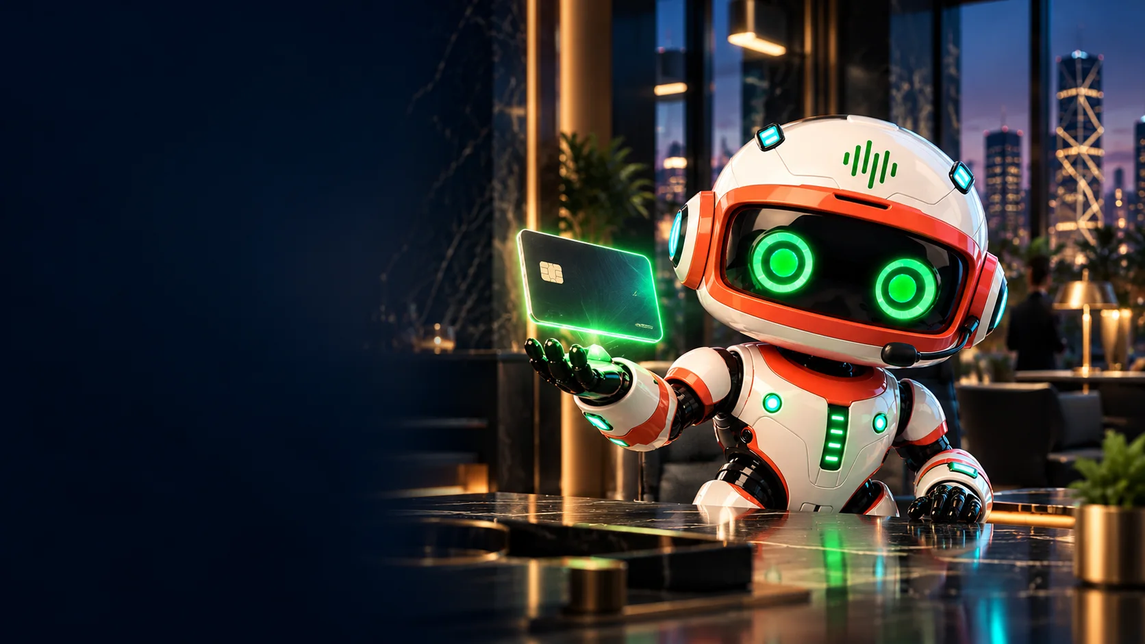 Oscar, the MEGA.AI voice AI agent, in a bank operations space with a contactless card